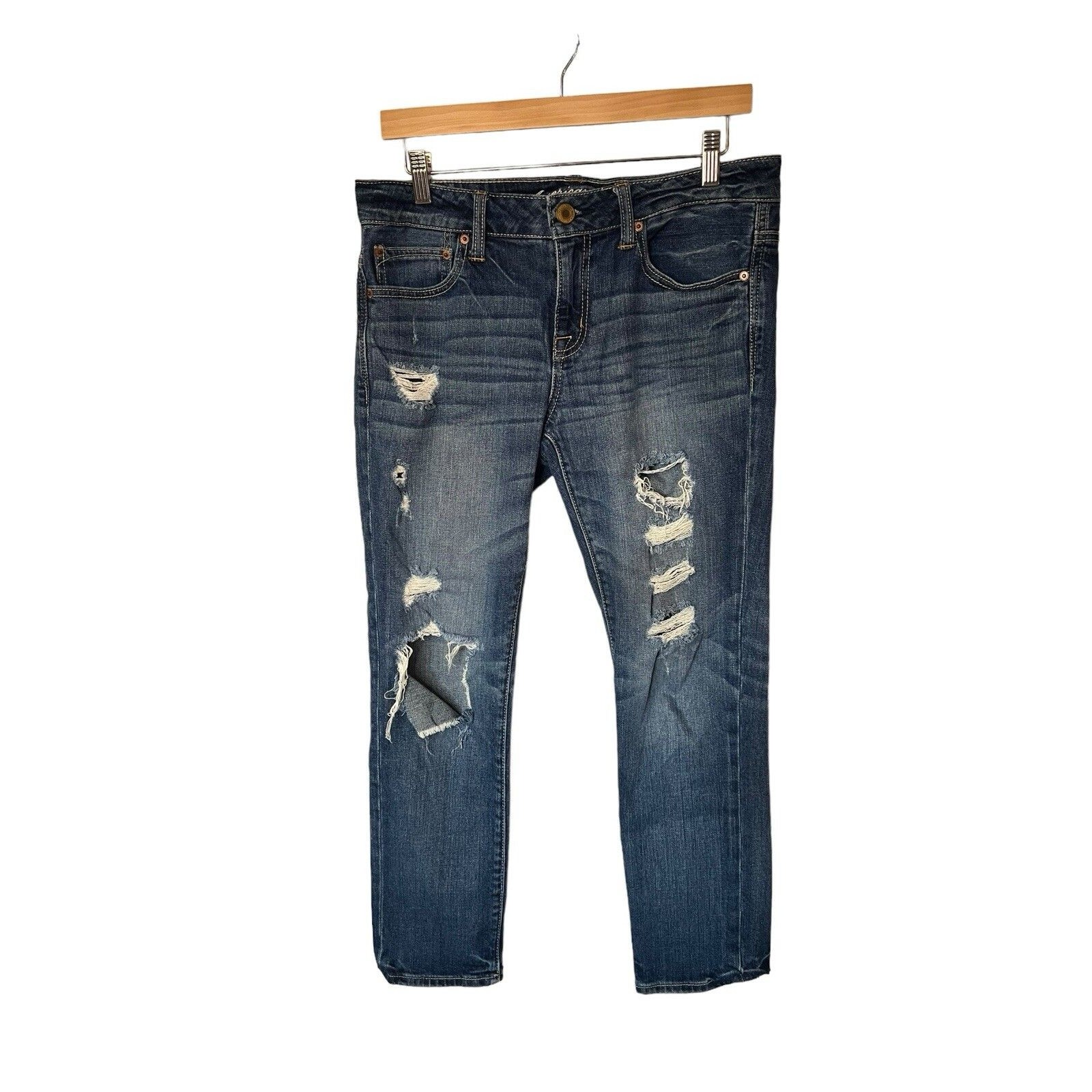 American Eagle Slouchy Straight Distressed Jeans Women’s Size 4 Stretch Blue Euc